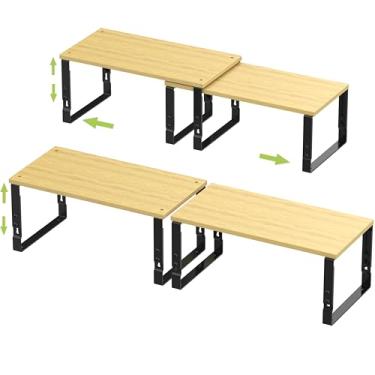 Imagem de Prateleiras de armazenamento ajustáveis para organização de armários de cozinha – Conjunto de 2 prateleiras empilháveis de metal e madeira projetada, design que economiza espaço para bancada/despensa