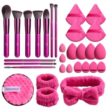 Imagem de BS-MALL Conjunto de 30 pincéis de maquiagem – incluindo puffs de lavagem de rosto, conjunto de viagem à prova d'água e esponja de dedo para todas as suas necessidades de beleza (rosa vermelha)