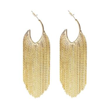 Imagem de WASAIE Brincos pendentes de borla linear Boho para mulheres, longo formal, country, boêmio, corrente de franja, candelabro, formatura, declaração, brincos modernos para meninas, Latão, Sem pedra preciosa