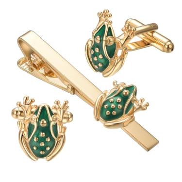 Imagem de RunootPR Conjunto de abotoaduras douradas com clipe de gravata para homens, sapo verde, 5 cm, prendedor de gravata para festa de casamento, presente de joias, 2.2inches, Latão, Latão