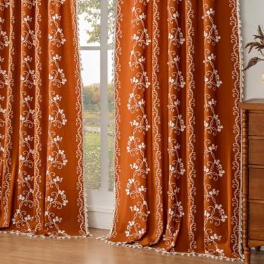 Imagem de Cortinas florais boho cortinas de casa de fazenda para quarto, cortina de banheiro de mistura de linho de algodão estampada floral terracota cortinas de cortina rústica 2 painéis 139,7 cm L x 213,4 cm
