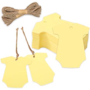 Imagem de Whaline 100 peças de etiquetas de papel de macacão de bebê amarelas em forma de roupas de bebê etiquetas penduradas para chá de bebê etiquetas em branco com corda de cânhamo para festa de aniversário