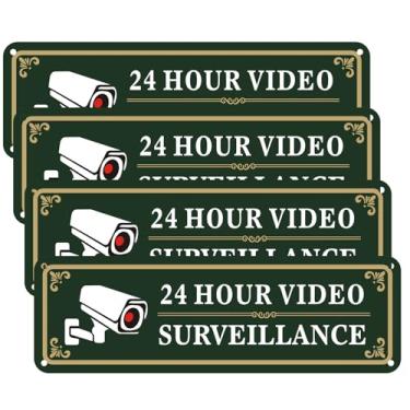 Imagem de Yuzkouge Placa de vigilância por vídeo 24 horas com fita adesiva – Pacote com 4 25,4 x 7,5 cm, parede de alumínio ou porta, resistente a intempéries, resistente ao desbotamento (verde)