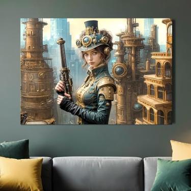 Imagem de PUREVACY Arte de parede Steampunk Warrior Woman. Decoração de parede em tela para quarto, sala de estar, escritório. Impressões de arte de parede sem moldura de orientação de arte tamanho vertical 50
