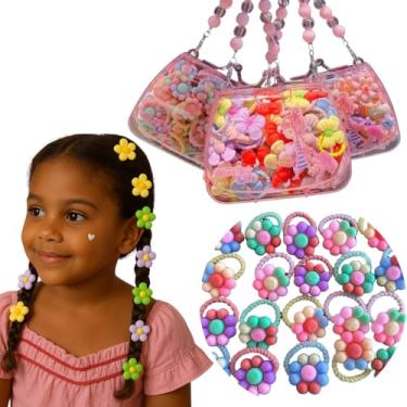 Imagem de Kit de Acessórios Cabelo Infantil Presilhas Coloridas Fofas Bolsinha Decorativa Rosa com Alça em Contas (Jardim Colorido)