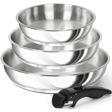 Imagem de MICHELANGELO Conjunto De Frigideiras Aço Inoxidável, Panelas Com Alça Removível, Frigideira Indução Base Tripla - 8" E 9,5" 11"