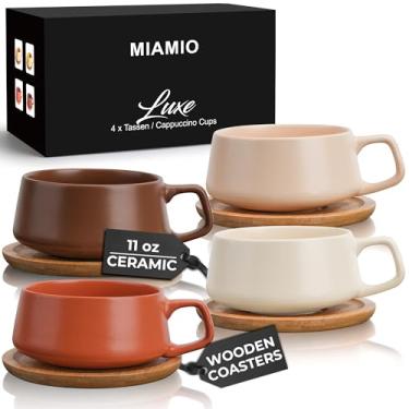 Imagem de MIAMIO – 325 ml, conjunto de 4 xícaras de chá de cerâmica e pires de bambu/caneca de chá - xícara larga de cappuccino, xícaras de café caneca de cerâmica para cappuccino, latte, expresso e americano -