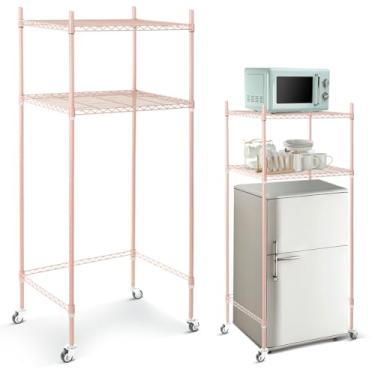 Imagem de Tandefio Mini prateleira de geladeira de 2 camadas com armazenamento para dormitório, prateleira de armazenamento de altura de metal ajustável com rodas, mini geladeira e suporte de micro-ondas para