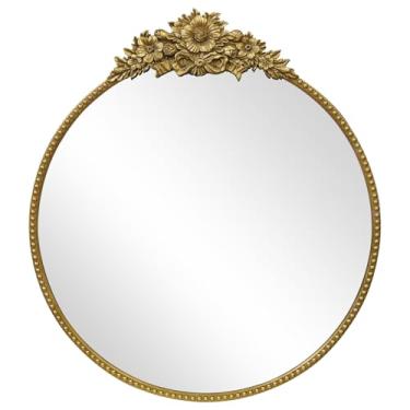 Imagem de IPOUF Espelho redondo, espelho antigo estilo barroco, espelho vintage de círculo de metal de 61 cm, espelho decorativo montado na parede para entrada, banheiro, espelho de penteadeira, ouro retrô