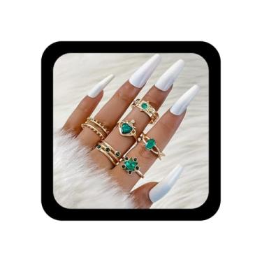 Imagem de Zeshimb Conjunto de anéis empilháveis para mulheres, delicados, verde-esmeralda, cristal, lágrima, quadrados, anéis de dedo de zircônia cúbica, joias estéticas para mulheres, Metal, Sem pedra preciosa