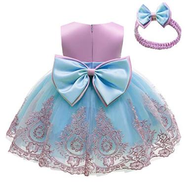 Imagem de CMMCHAAH Vestidos de renda bordados de renda para bebês meninas 0-6T Vestido tutu com laço e enfeite para a cabeça, Roxo + azul, 18-24 Months