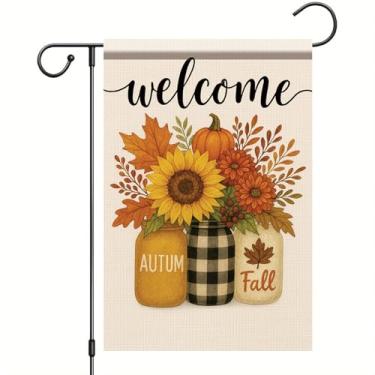 Imagem de Starlit Patio Bandeira de jardim de outono, 30,5 x 45,7 cm, placa de boas-vindas com girassol, folhas de abóbora, faixa de quintal sazonal, dupla face, para varanda ao ar livre, gramado, pátio, ação