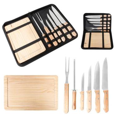 Imagem de Kit Churrasco Aço Inox 8 Peças Com Estojo Resistente Facas Amolador Ga