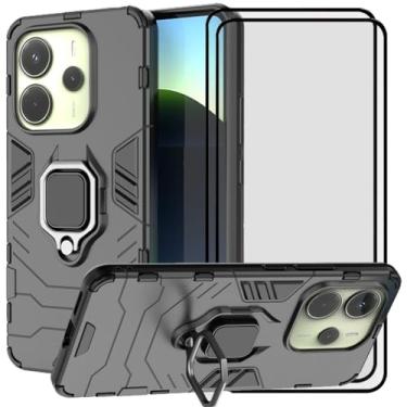 Imagem de LosruGir Capa para Xiaomi Redmi Note 14 4G (não 5G), 2 em 1 híbrida armadura resistente à prova de choque Defender Kickstand dupla camada bumper capa dura protetor de tela de vidro temperado, preto
