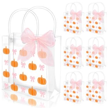 Imagem de FYSUIMU 12 peças de sacos de presente de PVC transparente para outono, abóbora, laranja, rosa, laço de festa, com alças, sacola com fita para dia de Ação de Graças, outono, colheita, feriado