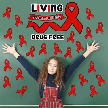 Imagem de Mooliwe Kit de decoração de conscientização de fita vermelha, 44 peças, fitas vermelhas, decorações de semana, recortes, decoração de parede sem drogas, para fita vermelha, semana, escola, sala de