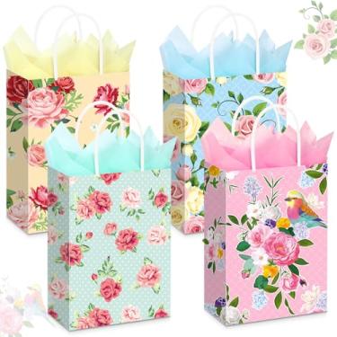 Imagem de Pasimy 24 peças de sacos de presente de festa de chá a granel com papel de seda vintage floral doces sacos de guloseimas com alças flores lembrancinhas de festa de chá para meninas, crianças