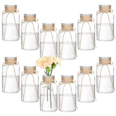 Imagem de Vasos de vidro transparente vintage para flores – Conjunto de 12 vasos cilíndricos decorativos com corda de cânhamo para centros de mesa de casamento, decorações de mesa de recepção, decoração de casa