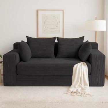 Imagem de Sofá-cama conversível, sofá-cama dobrável 3 em 1 sofá dobrável - espreguiçadeira e futon de chão, sofá-cama de veludo cotelê com 4 travesseiros para sala de estar, preto
