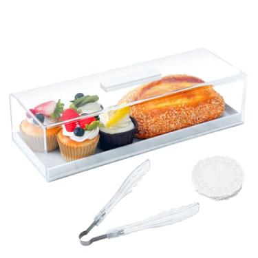 Imagem de Mulaibdin Suporte de acrílico para bolo com tampa transparente, suporte retangular multifuncional para bolos, inclui papel de cozimento e pinças de alimentos, bandeja de servir biscoitos, suporte de