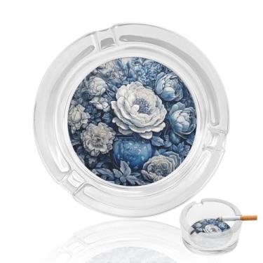 Imagem de Cinzeiro de cristal de flores azuis desenhadas à mão, cinzeiro redondo de vidro resistente, cinzeiro portátil decorativo moderno para uso em casa, escritório, interior, exterior, pátio