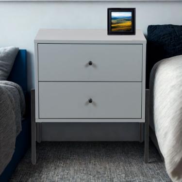 Imagem de Mesa De Cabeceira Minimalista Com Pés Finos De Ferro - Cinza Laca Com Puxadores E Pés Preto