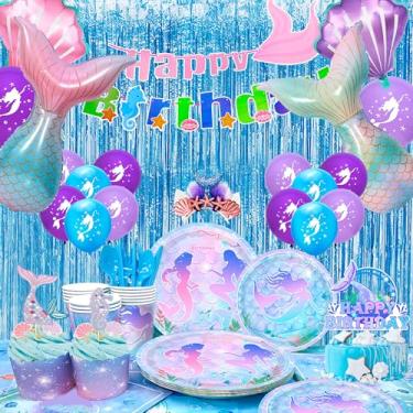 Imagem de 16 balões de festa de aniversário de sereia, 176 peças, conjunto de utensílios de mesa, decorações de aniversário de sereia, roxo, balões de peixe, banners, pratos, copos, guardanapos, toalha de mesa