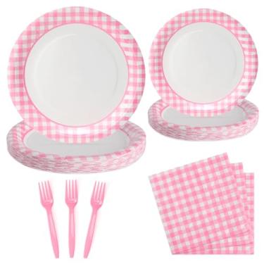 Imagem de UVTQSSP 96 peças de conjuntos de pratos e guardanapos de festa, pratos e guardanapos de papel xadrez rosa guingão, suprimentos de festa para piquenique de aniversário, servir para 24 convidados, rosa