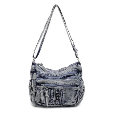 Imagem de YANPLS Bolsa tiracolo jeans vintage para mulheres, bolsa jeans com alça ajustável, bolsa de ombro casual azul, Azul 2