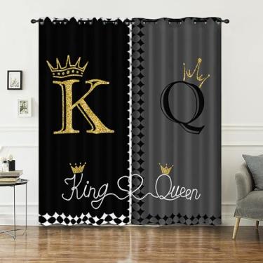 Imagem de AILONEN Cortina de janela preta e cinza com tema King & Queen, Coroa casal amante dos namorados (2 painéis) para decoração de quarto, 96,5 cm L x 137,2 cm A
