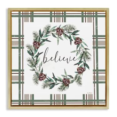 Imagem de Stupell Industries Believe Wreath on Green Plaid Gold Framed Floater Canvas Wall Art Design por Elizabeth Tyndall, 25 x 25