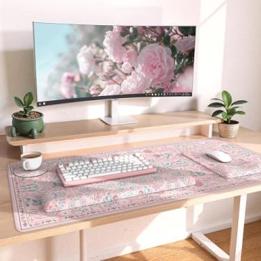 Imagem de iLeadon Tapete de mesa para desktop, base antiderrapante com descanso de pulso, almofada de pulso para teclado, mouse pad grande para jogos, mouse pad antifadiga com suporte de gel (rosa)
