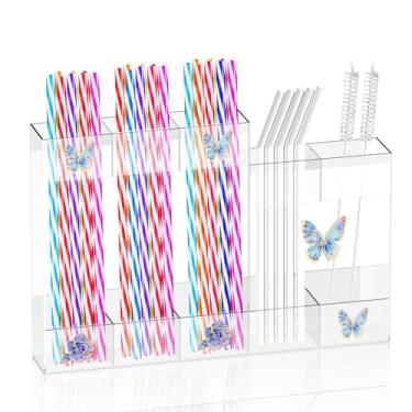 Imagem de Suporte de canudo de acrílico para porta de armário – Organizador de canudo reutilizável com adesivo, adesivos de borboleta e escovas de limpeza, armazenamento de canudo de copo para balcão de cozinha
