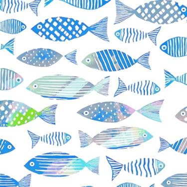 Imagem de Fvlow Peixes papel de parede floral descascar e colar papel de contato azul e verde brilhante 44,2 cm x 299,7 cm papel de parede boho branco impermeável cobertura de parede autoadesivo para quarto