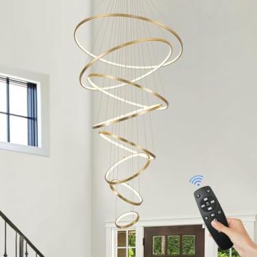Imagem de Lustres de LED modernos 89 cm ouro escovado 8 anéis grande lustre de LED para teto alto com controle remoto altura ajustável máximo 248.9 cm longo lustre para hall de entrada, sala de estar, escadaria