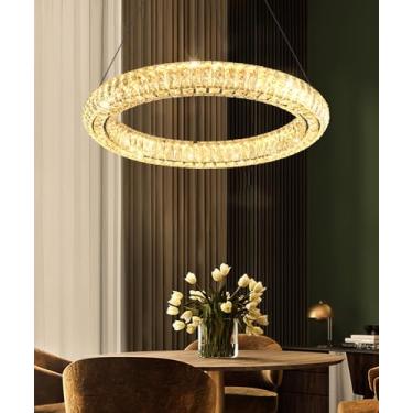 Imagem de AFQEJG 1 anel lustre de cristal moderno anel regulável luz pendente lustres de cristal redondos para sala de estar sala de jantar quarto 60 cm preto