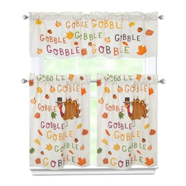 Imagem de Zifmrtrwn Cortinas de cozinha de Ação de Graças, conjunto de 3 peças, cortinas de folhas de bordo de peru, saia e camadas para cozinha, casa, interior, café, 91 cm, cortina de janela curta sobre a pia