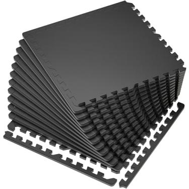 Imagem de SUPERJARE Tapetes de equipamento de exercício de 1,4 cm de espessura, 12 azulejos de espuma EVA com parte superior de borracha, azulejos de borracha interligados para casa academia e sala de fitness, tapete protetor de piso
