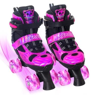 Imagem de Nattork Patins para crianças, patins quadriciclos ajustáveis de 4 tamanhos com todas as rodas iluminadas, patins roxos panda para crianças - Melhor presente de aniversário para esportes ao ar livre