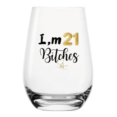 Imagem de YJXIN Taça de vinho engraçada sem haste presentes de aniversário de 21 anos para mulheres, presente de aniversário de 21 anos para ela, ideias de decoração de aniversário, finalmente, 21 doses de 500