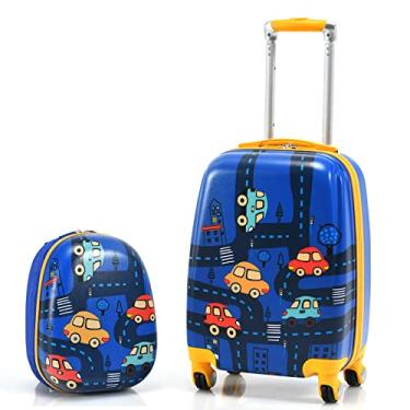 Imagem de BABY JOY Conjunto de bagagem infantil de 2 peças, mochila de 30,5 cm e mala infantil de 45,7 cm, estojo rígido de viagem e mochila com 4 rodízios rotativos, linda capa de carrinho com rodinhas para