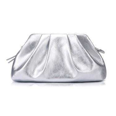 Imagem de Milisente Bolsa clutch feminina plissada de couro PU brilhante com alça de ombro para formatura de casamento formal (prata)