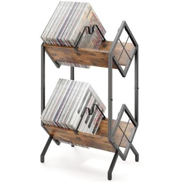 Imagem de RUILALIFE Suporte de armazenamento de disco de vinil de 2 camadas com divisórias, armazenamento de álbum de metal para exibição de discos de vinil, suporte de prateleira vintage 160-200 LP (marrom