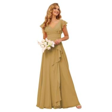 Imagem de Vestido de dama de honra TIRAS Ruffle Chiffon Gold Plus Size 18W