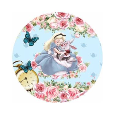Imagem de Painel de Lona Redondo Alice no País das Maravilhas Borboletas e Relóg