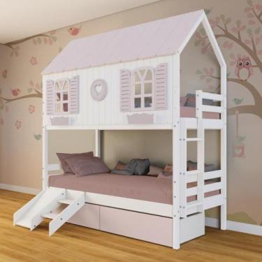 Imagem de Beliche Casinha Bela com Coração 2 Gavetas Rosa Kit Escada/Escorregado