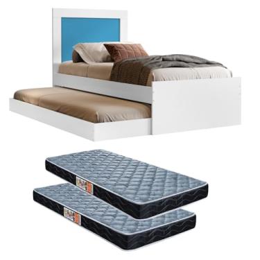 Imagem de Bicama Luara Solteiro em MDF Com Cama Auxiliar e Dois Colchões (Branco/Azul)