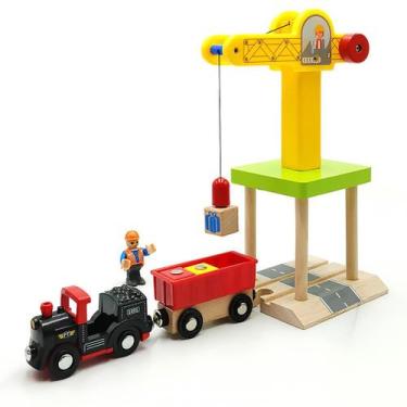 Imagem de Conjunto de brinquedos de guindaste de madeira com vagões de trem para