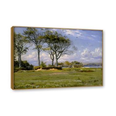 Imagem de NHLDZYH Moldura externa de teca. Famosas pinturas a óleo, (paisagem de primavera) por Peder Mork Monsted, reprodução impressa em tela, arte de cenário para decoração de sala de estar. 80 x 112 cm