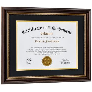 Imagem de DEKWINN, Molduras para diploma 21 x 28 cm com tapete ou 28 x 35 sem tapete, 1 pacote com porta-retrato de certificado marrom avermelhado/dourado, vidro real (tapete duplo preto/dourado)